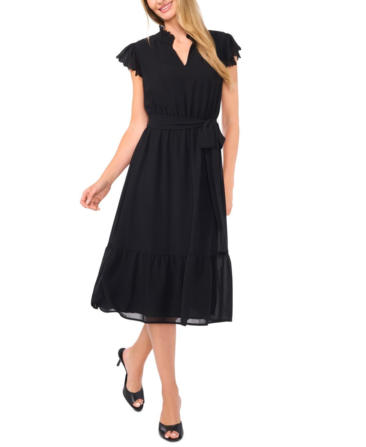 CeCe Womens Scallop-Ruffle Tie-Waist Midi Dress Product Image