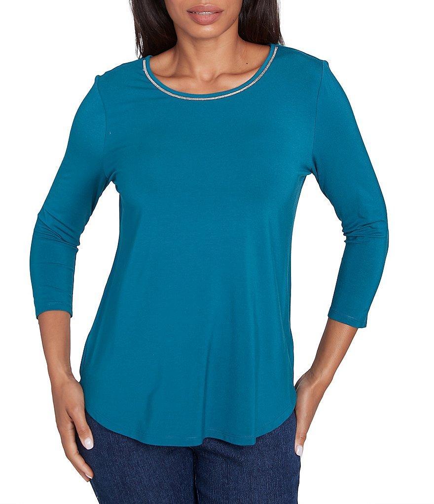 Ruby Rd. Knit Embellished Scoop Neck 3/4 Sleeve Stretch Top Product Image