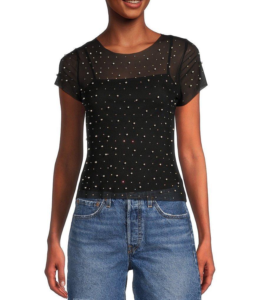 Honey & Sparkle Short Sleeve Rhinestone Pearl Mesh Top Product Image