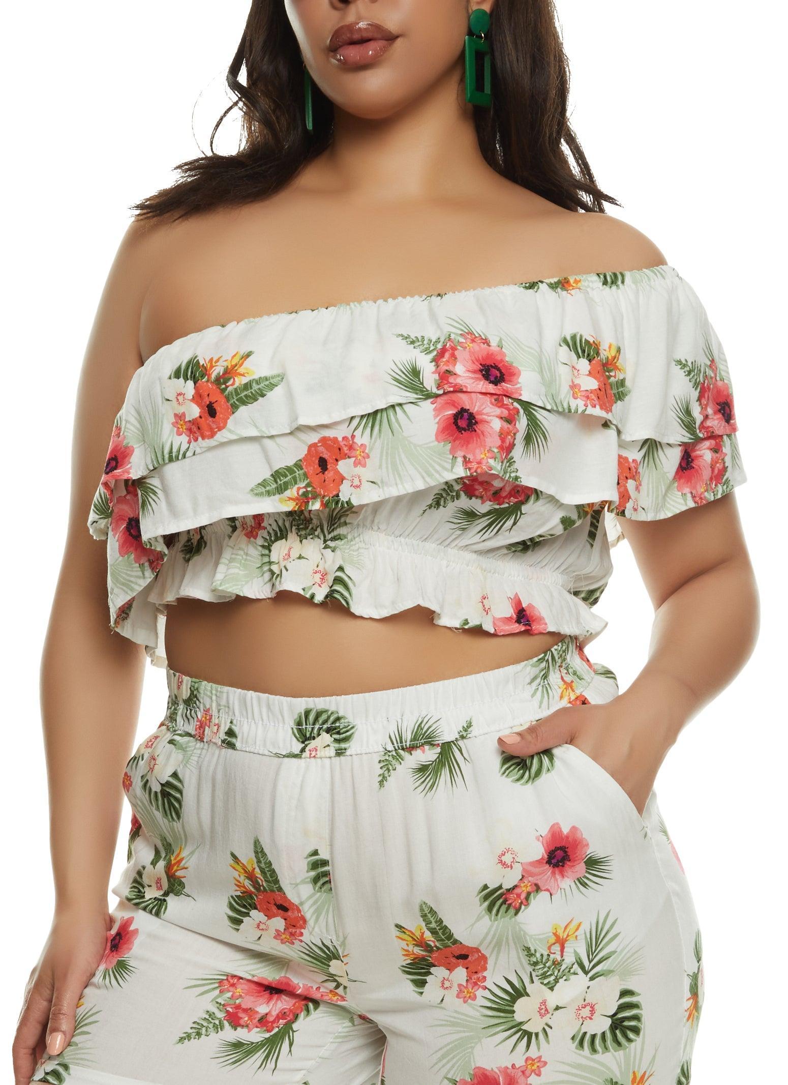 Womens Plus Size Tropical Floral Print One Shoulder Top Product Image