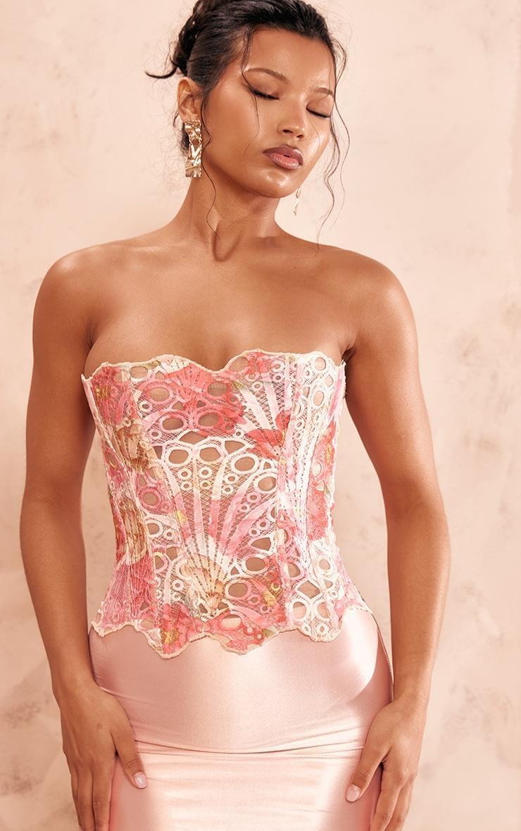 Pink Textured Sheer Floral Lace Corset Product Image