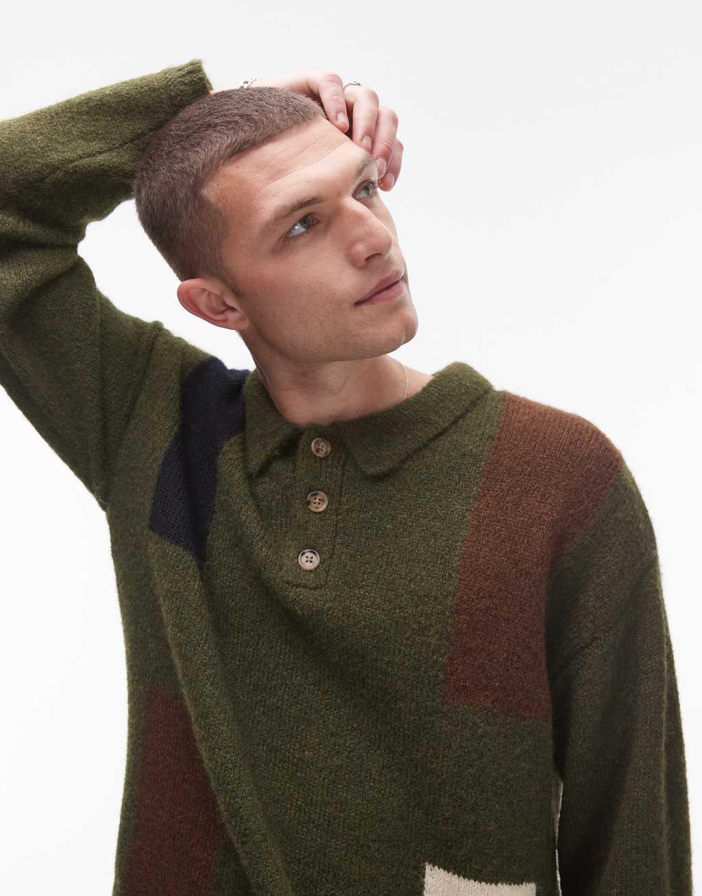 Topman color block polo in khaki Product Image