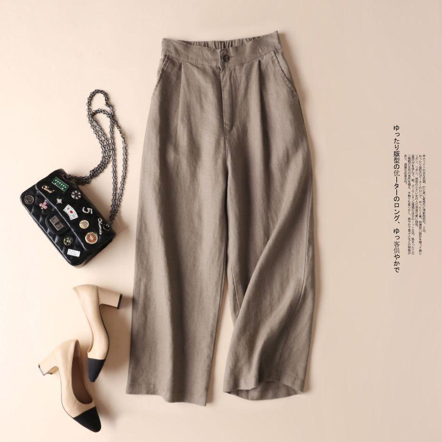 Elastic Waist Plain Linen Crop Wide Leg Pants Product Image