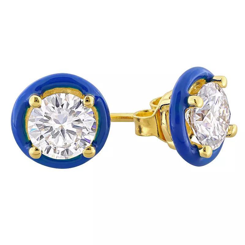 Stella Grace 18k Gold Over Silver 1-3/8 Carat T.W. Lab-Created Moissanite & Blue Enamel Solitaire Halo Stud Earrings, Womens, Gold Tone Product Image