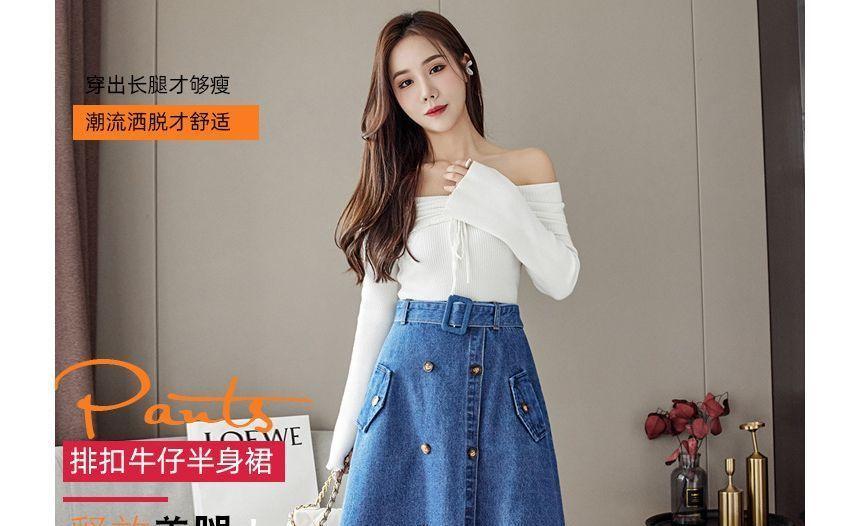 High Rise Plain Denim Midi A-Line Skirt Product Image