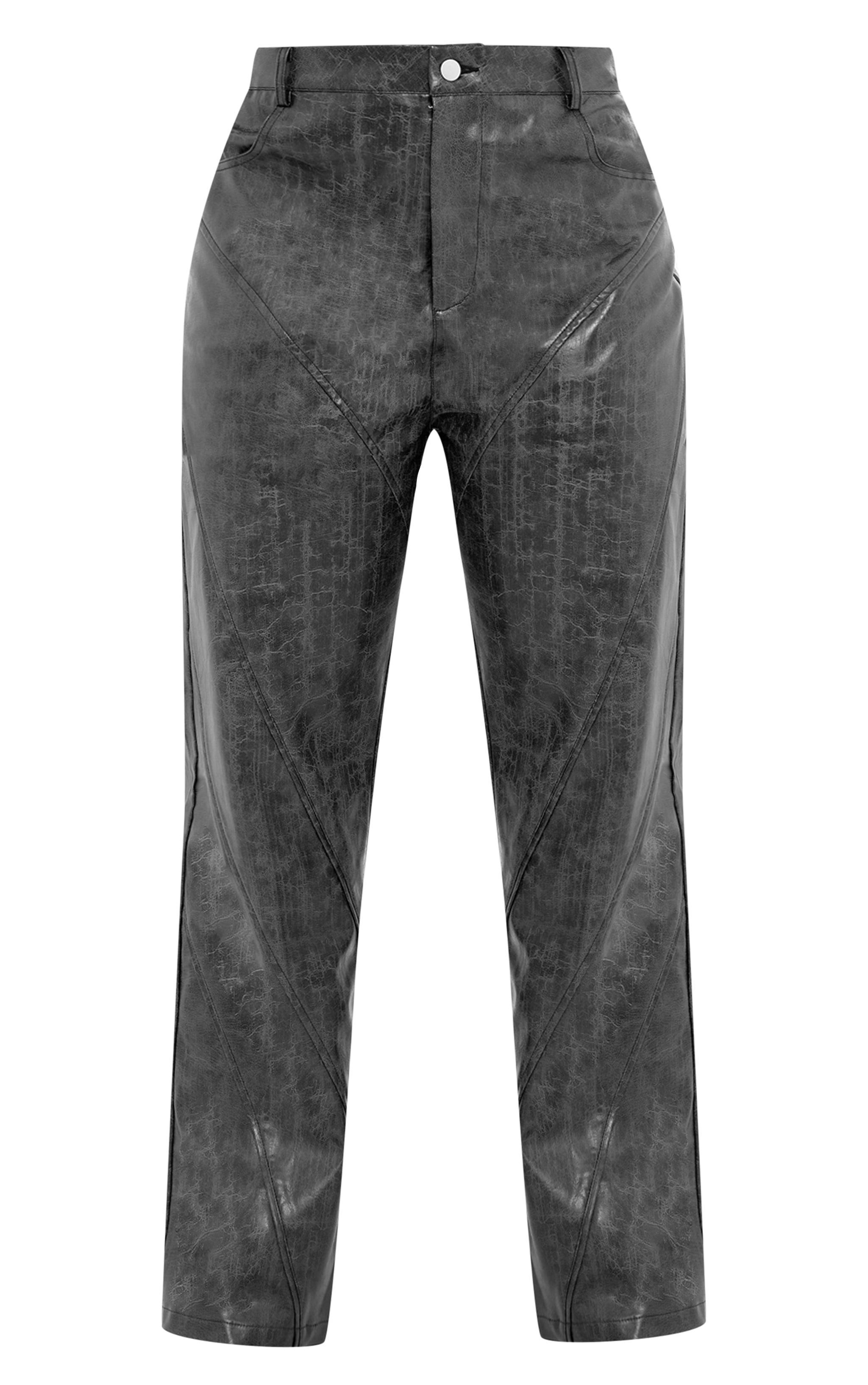 Plus Dark Grey Washed Faux Leather Panel Detail Straight Leg Pants Product Image