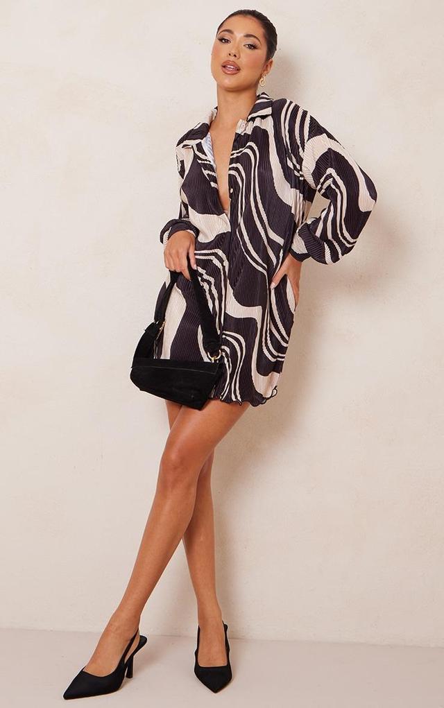 Black Swirl Print Plisse Frill Hem Shirt Dress Product Image