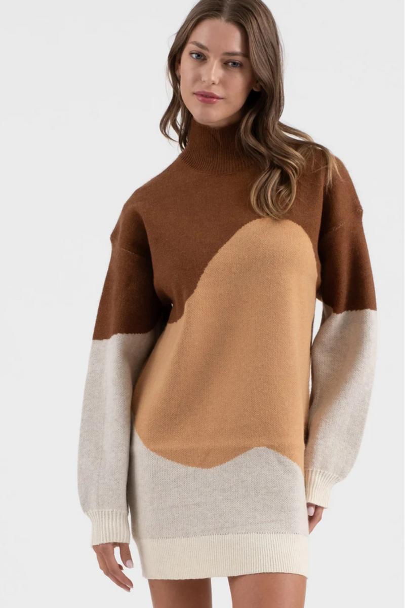 Colorblock Mock Neck Knit Sweater Dress Product Image