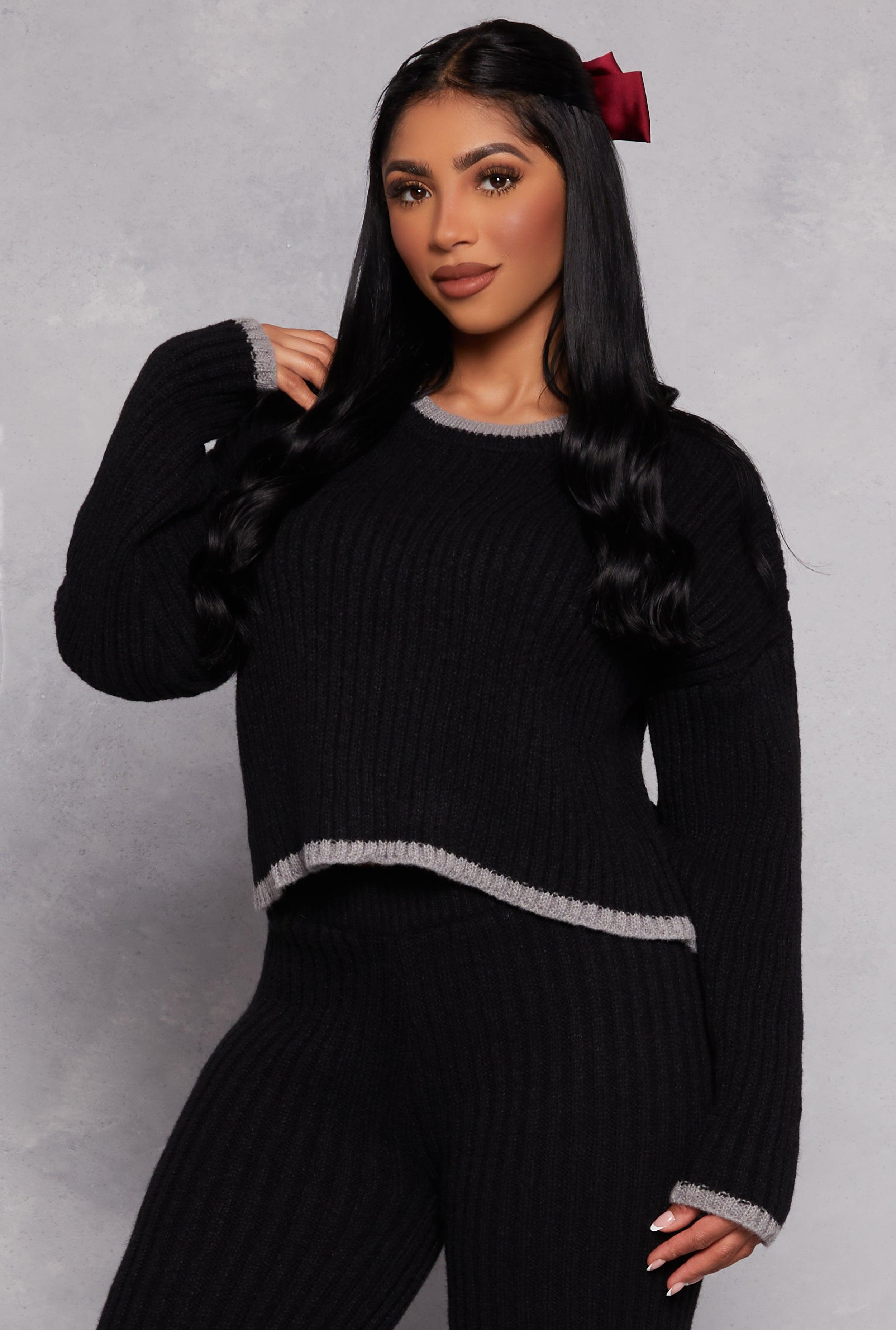 Womens Ribbed Contrast Trim Long Sleeve Sweater Product Image