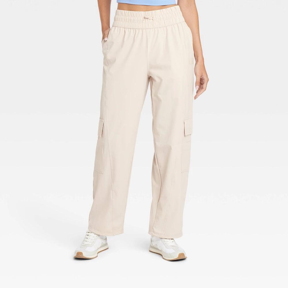 Womens Mid-Rise Woven Cinched Pants - JoyLab Cream XXL Product Image