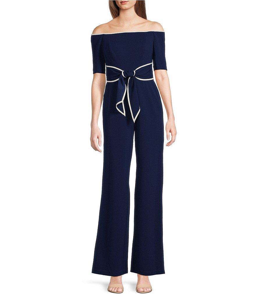 Adrianna Papell Off-the-Shoulder Short Elbow Sleeve Contrast Piping Stretch Crepe Twist Tie Waist Straight Leg Jumpsuit Product Image