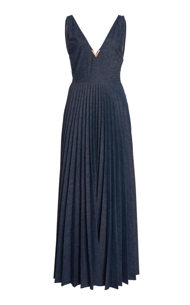 Pleated Denim Maxi Dress In Medium Wash Product Image