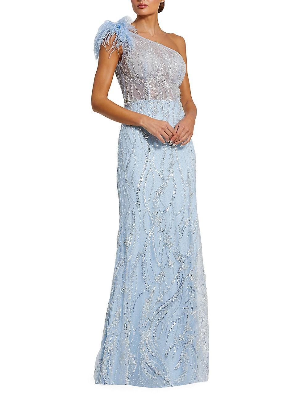 Womens Feather-Trimmed Sequined One-Shoulder Gown Product Image