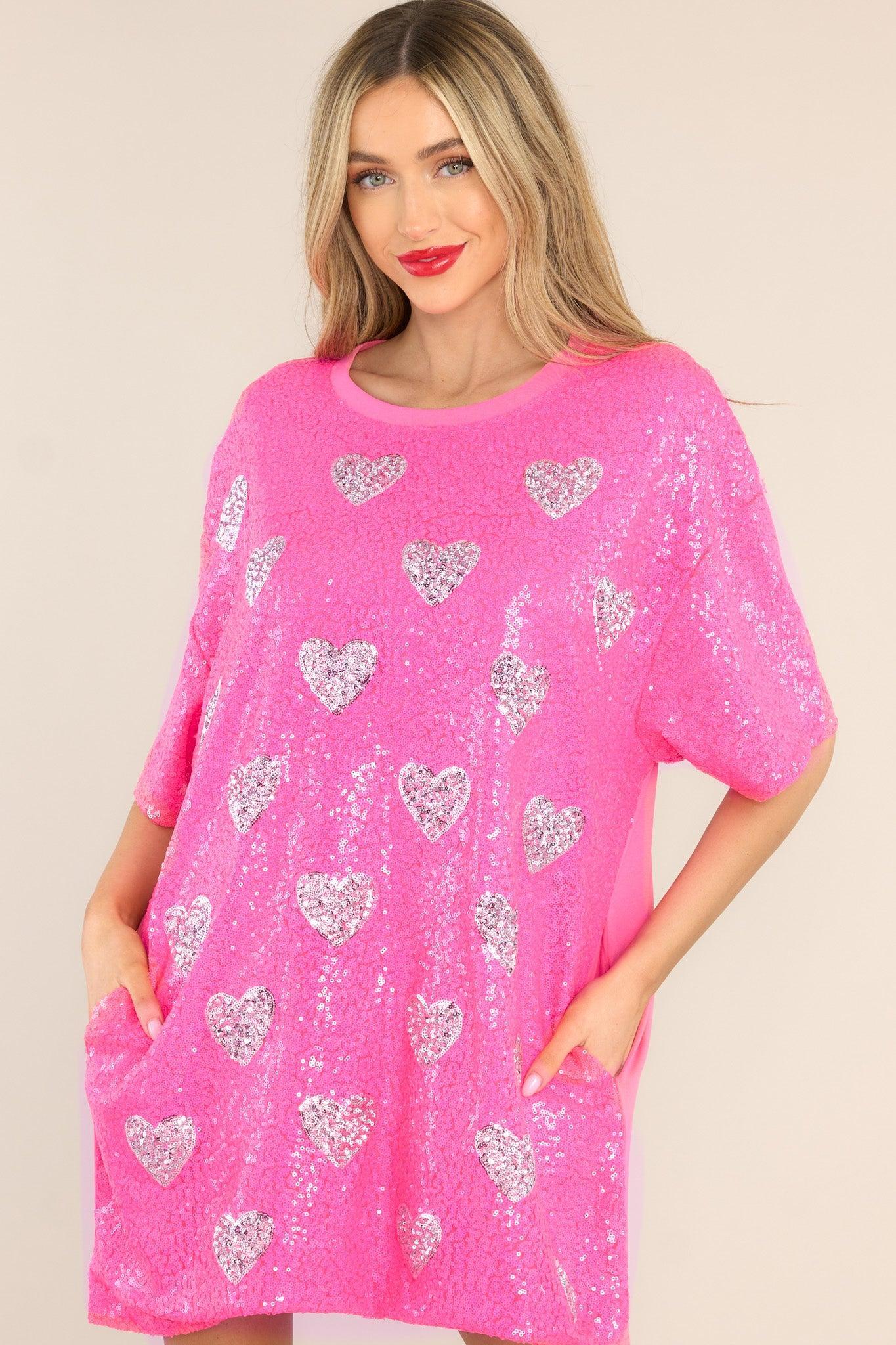 The Moment Hot Pink Sequin Heart Shirt Dress Product Image