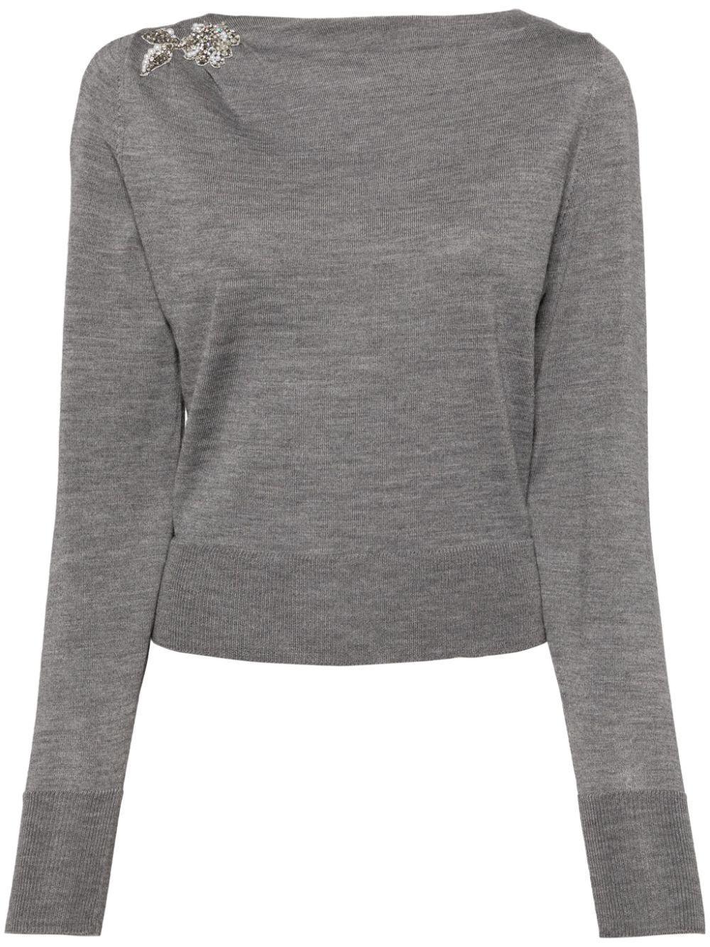 Glass Crystal Embellishment Wool Knitted Top In Grey Product Image