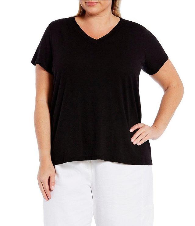 Eileen Fisher Plus Size Organic Cotton Slub Jersey Knit V-Neck Short Sleeve Tee Shirt Product Image