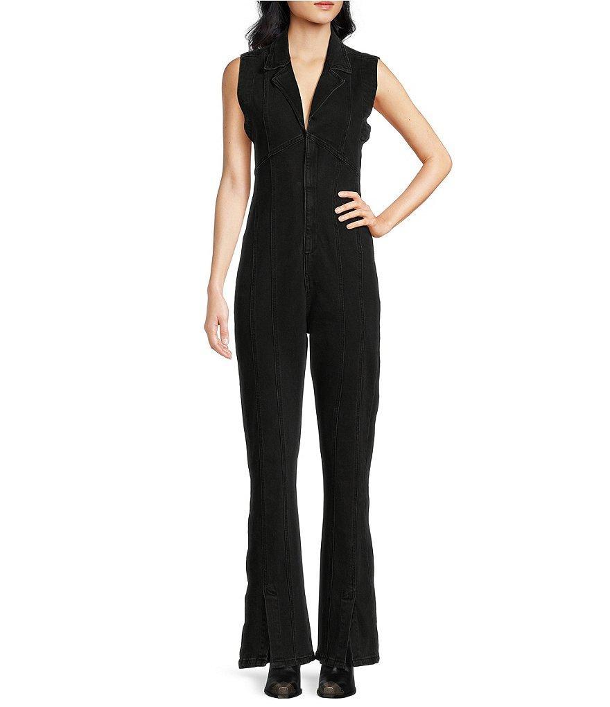 Free People CRVY Ring The Alarm Denim V Neck Sleeveless Zip Front Flare Jumpsuit Product Image