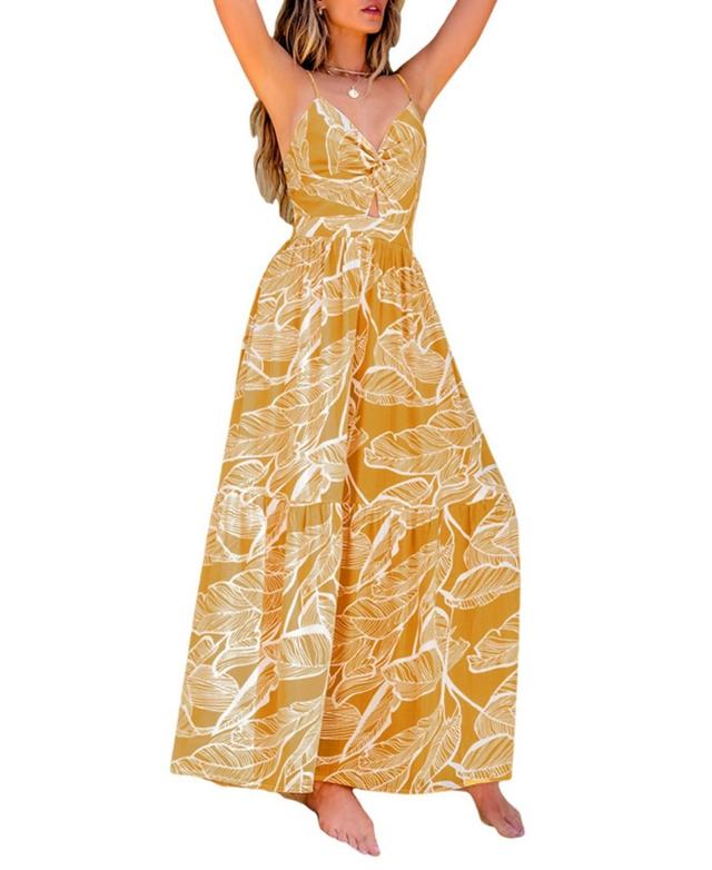 Women's Yellow Tropical Sweetheart Twist & Keyhole Maxi Beach Dress Product Image