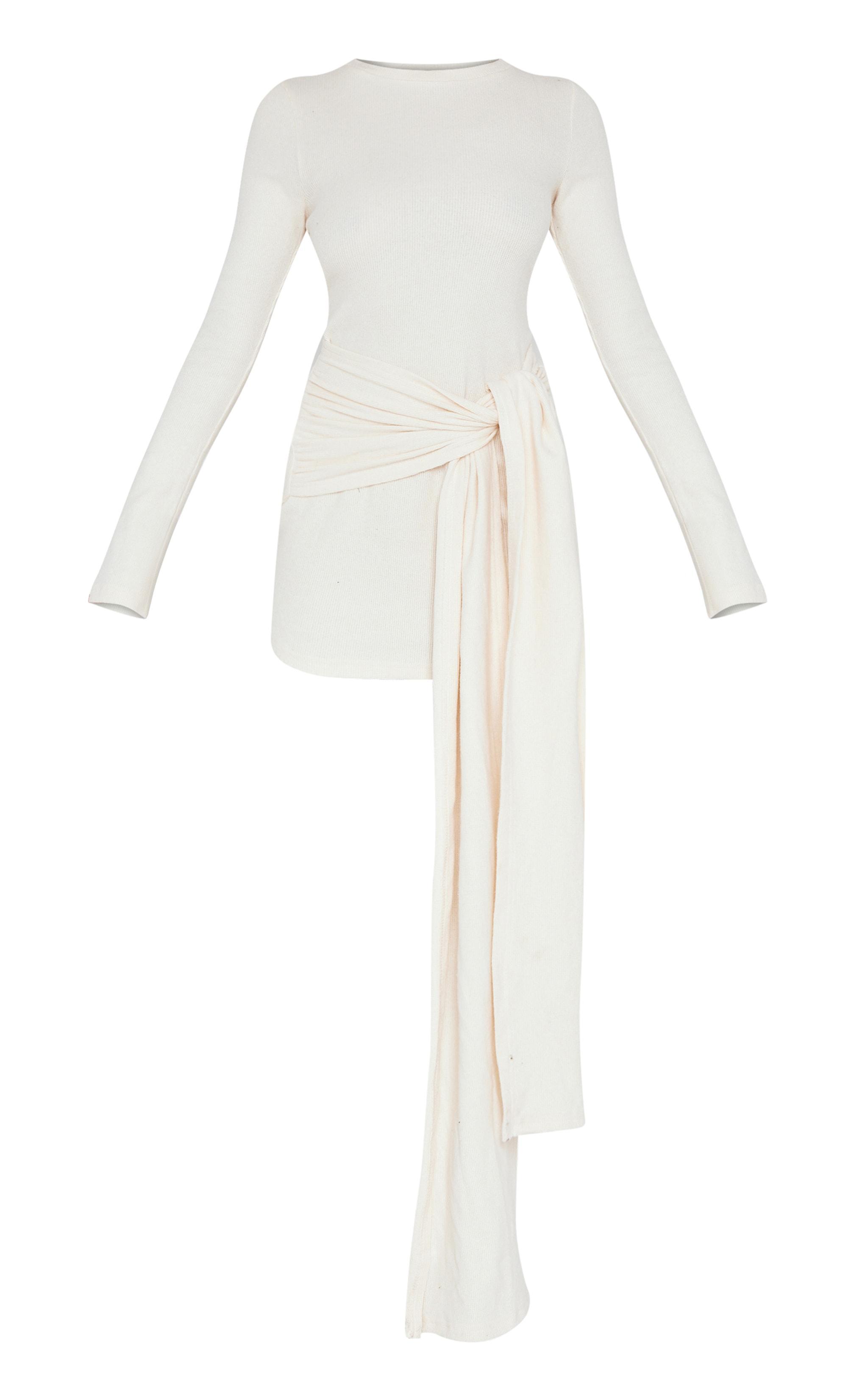 Cream Heavy Brushed Rib Boat Neck Wrap Tie Bodycon Dress Product Image