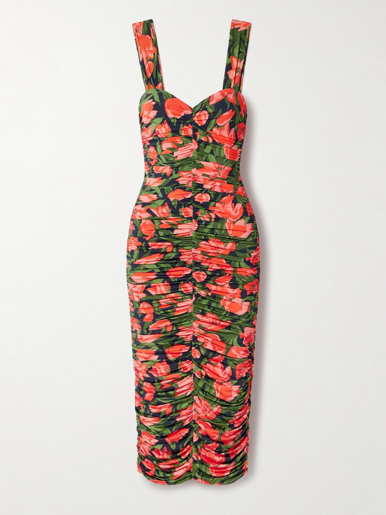 CAROLINA HERRERA Floral-print Ruched Midi Dress In Midnight Multi Product Image