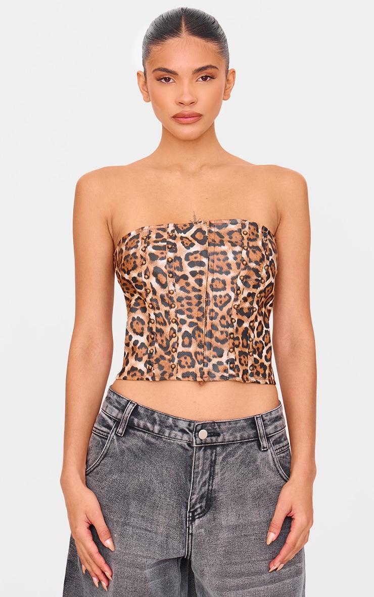 Brown Faux Leather Leopard Print Studded Crop Corset product image