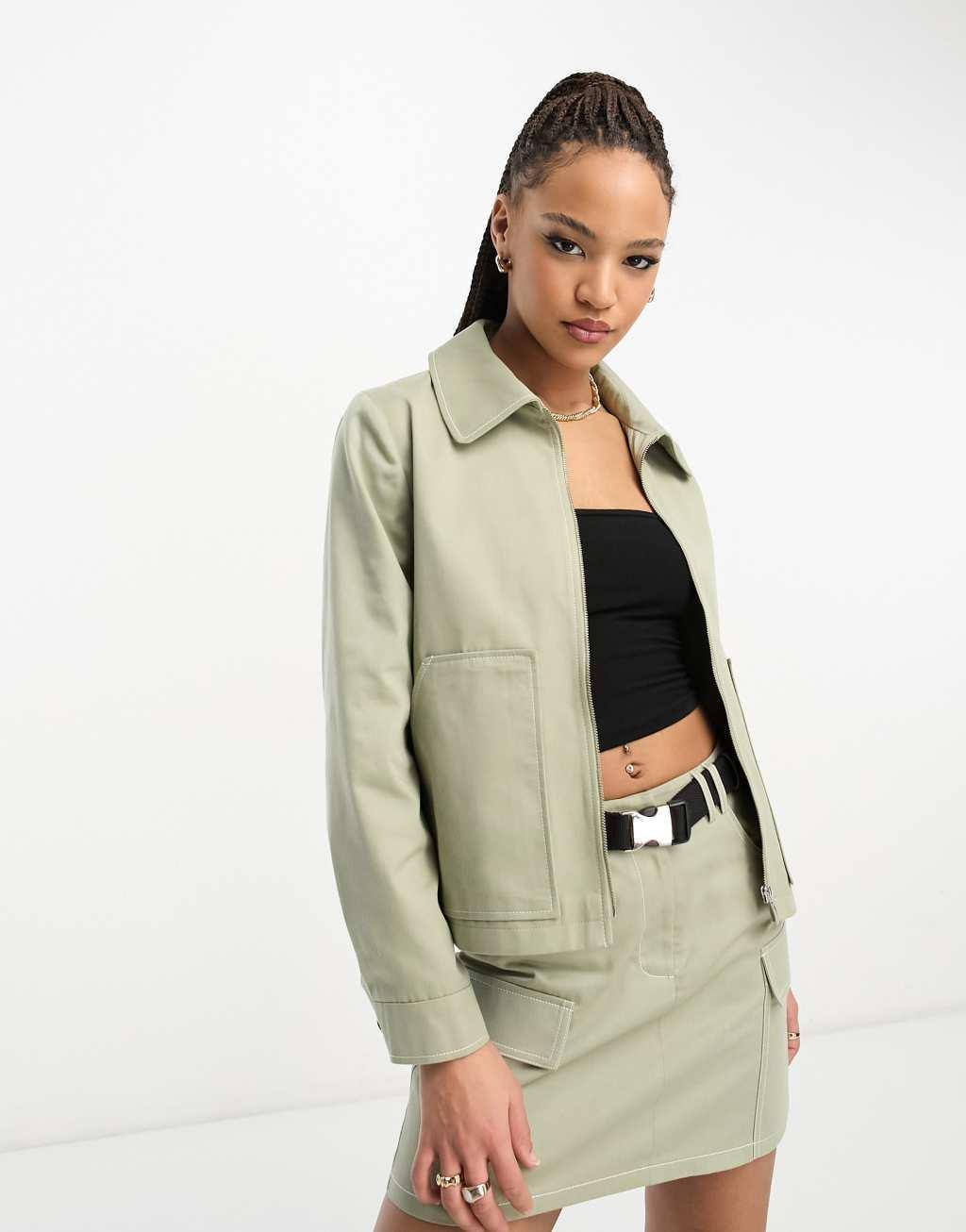 Miss Selfridge cargo utility zip front boxy jacket contrast stitching Product Image