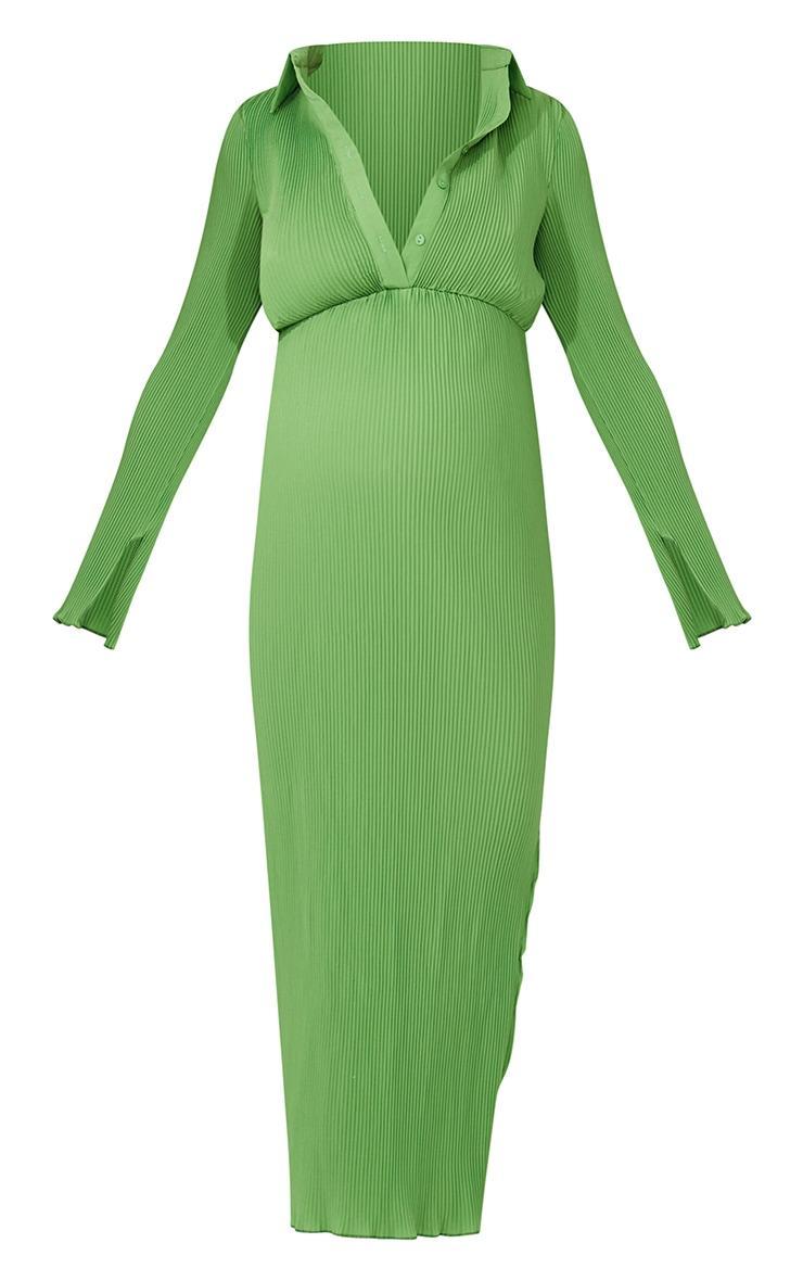 Maternity Green Plisse Button Thru Midi Dress Product Image