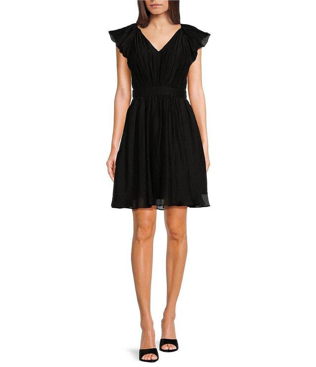 Trina Turk Afilia Woven V-Neck Cap Ruffle Sleeve Gathered Waist A-Line Dress Product Image