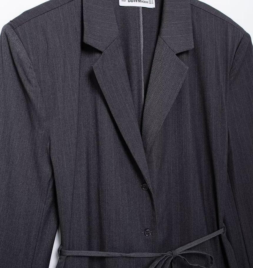 Notch Lapel Pinstriped Single Breasted Blazer / V-Neck Button Vest / Mid Waist Wide Leg Suit Pants Product Image