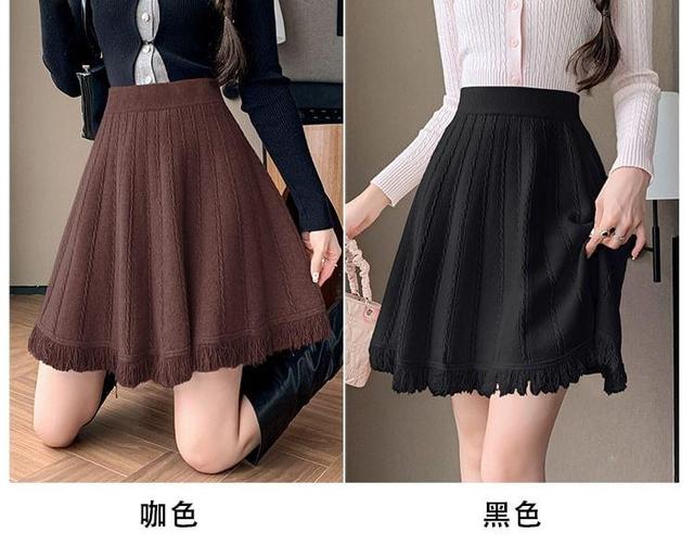 High Rise Plain Cable Knit Mini A-Line Skirt Product Image