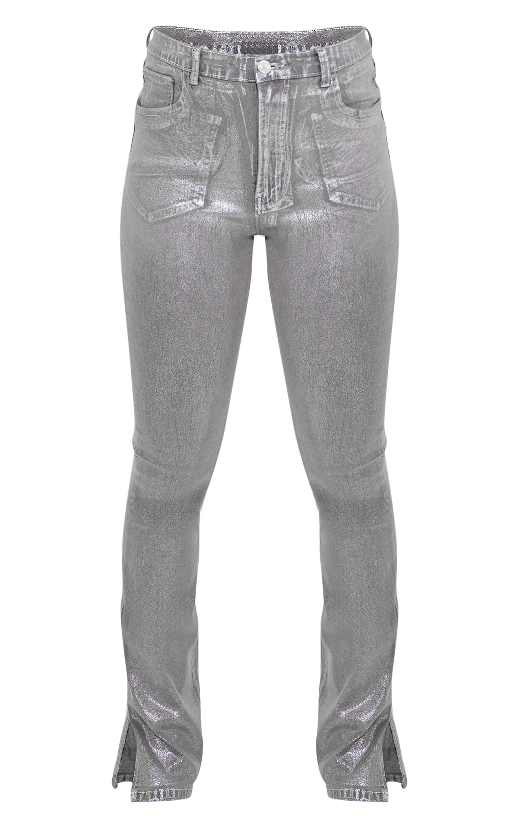 Silver Metallic Foil Effect Flared Jeans Product Image