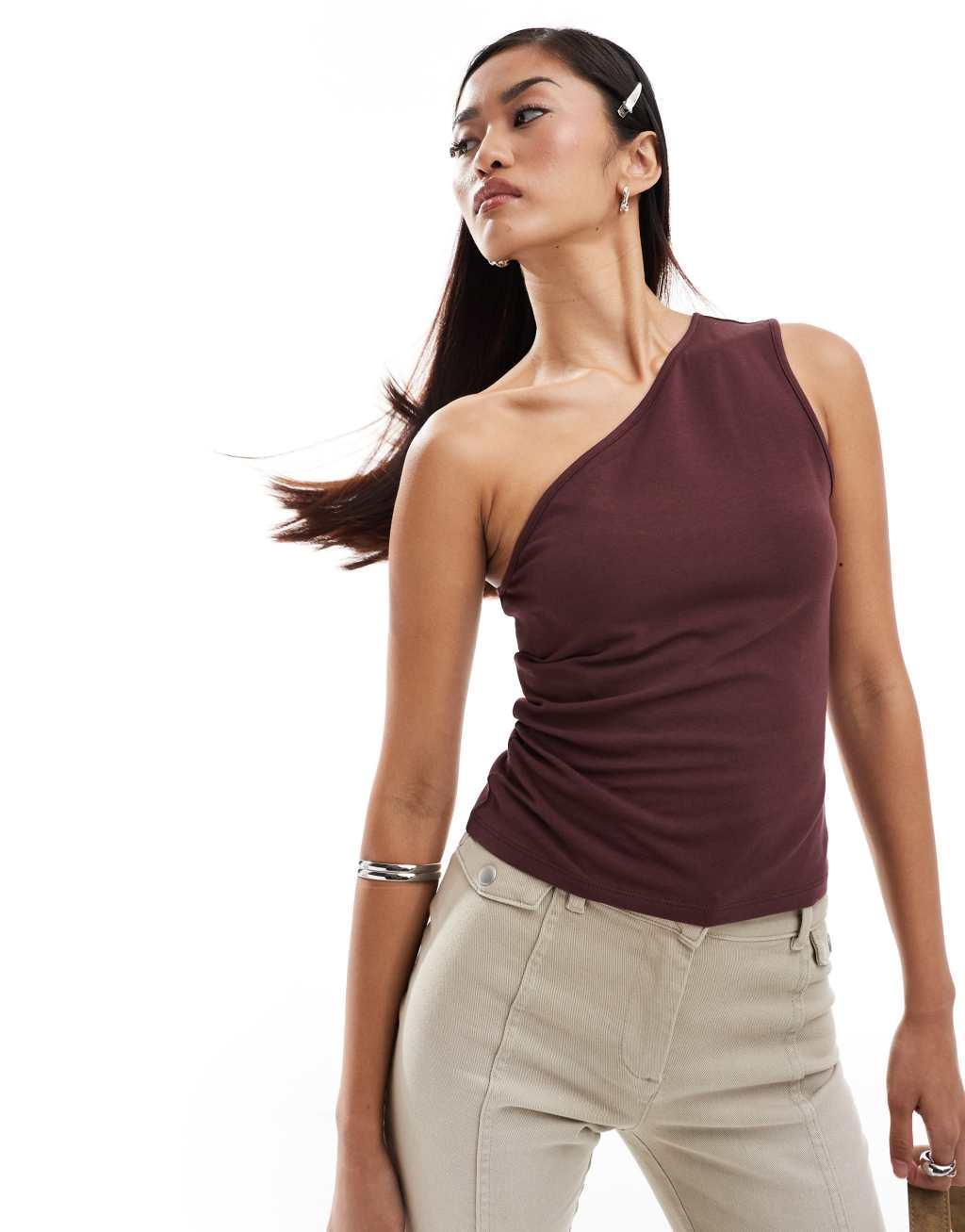 Weekday Cindy one shoulder top in burgundy exclusive to ASOS Product Image