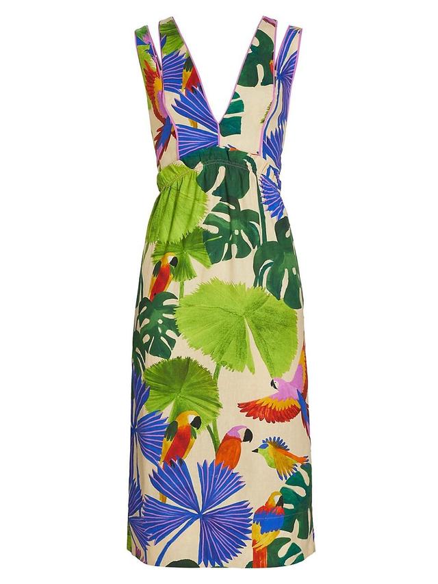 Sand Macaw Jungle V Neck Midi Dress, MACAW JUNGLE SAND / XS Product Image