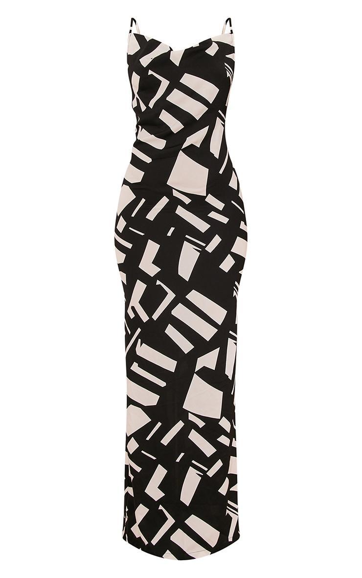 Black Abstract Print Satin Cowl Neck Maxi Dress Product Image