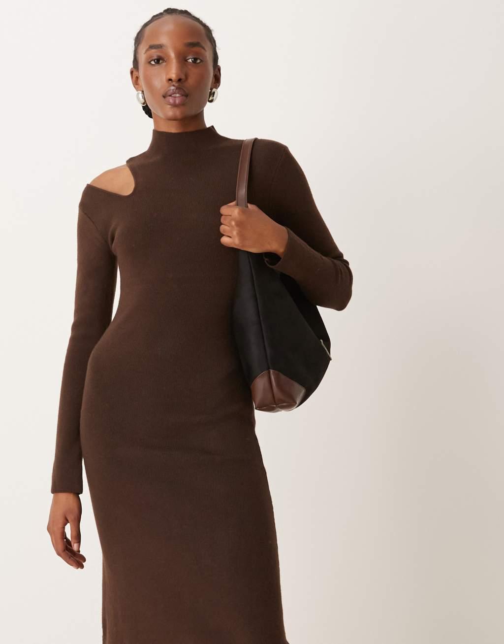 River Island cut out turtle neck midi dress in dark brown Product Image