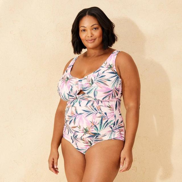 Womens Tab-Front Full Coverage Tummy Control One Piece Swimsuit - Shade & Shore Multi Tropical Print 16 Product Image