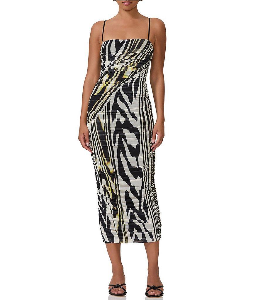 AFRM Hazel Mesh Zebra Print Square Neck Sleeveless Ruched Midi Dress Product Image