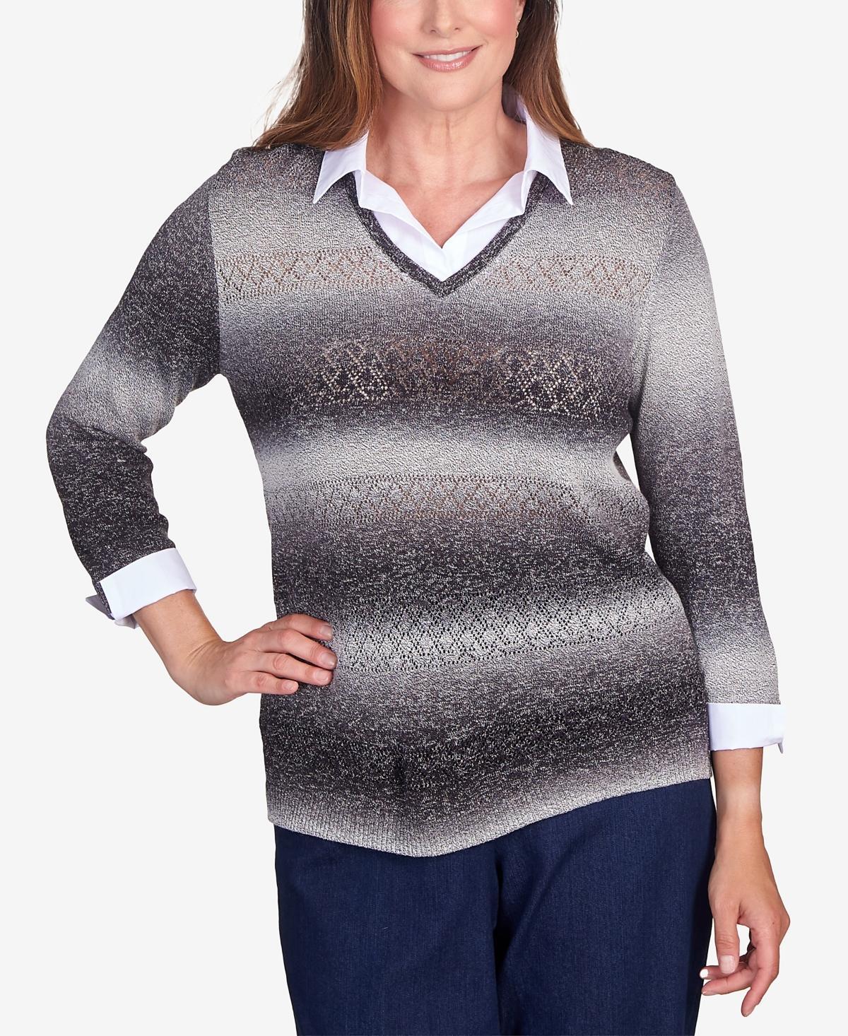 Alfred Dunner Womens Classic Space Dye with Woven Trim Layered Sweater - Black Product Image