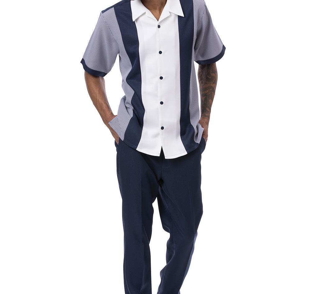 Navy Vertical Color Design Walking Suit 2 Piece Short Sleeve Set Product Image