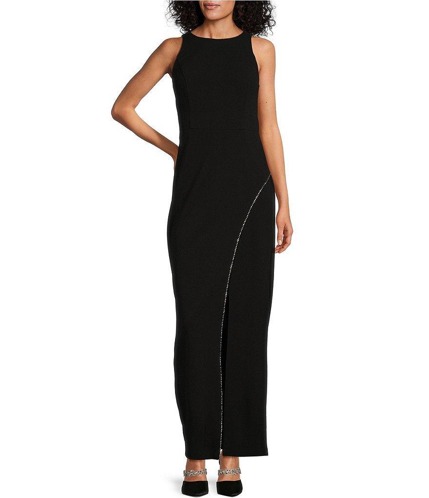 Alex Evenings Sleeveless Crew Neck Rhinestone Trim Front Slit Crepe Gown Product Image