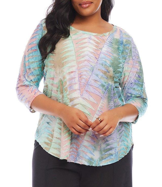 Karen Kane Plus Size Burnout Texture Tie-Dye Boat Neck 3/4 Sleeve Shirttail Hem Top Product Image