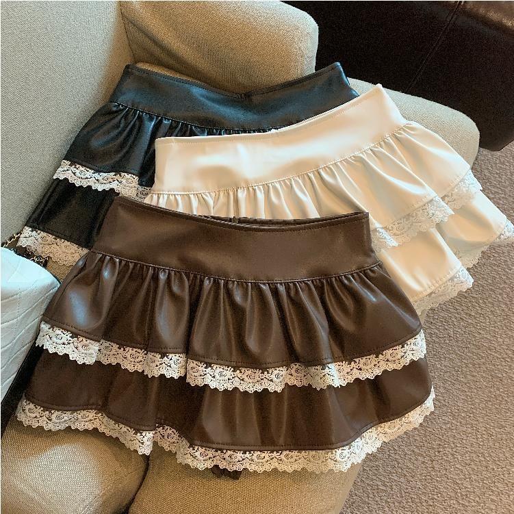 Tiered Lace Trim Faux Leather Skort Product Image