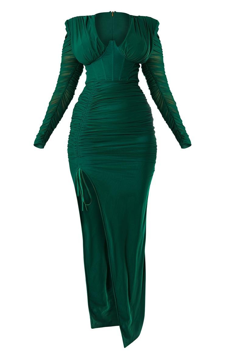 Emerald Green Underbust Detail Ruched Mesh Midaxi Dress Product Image