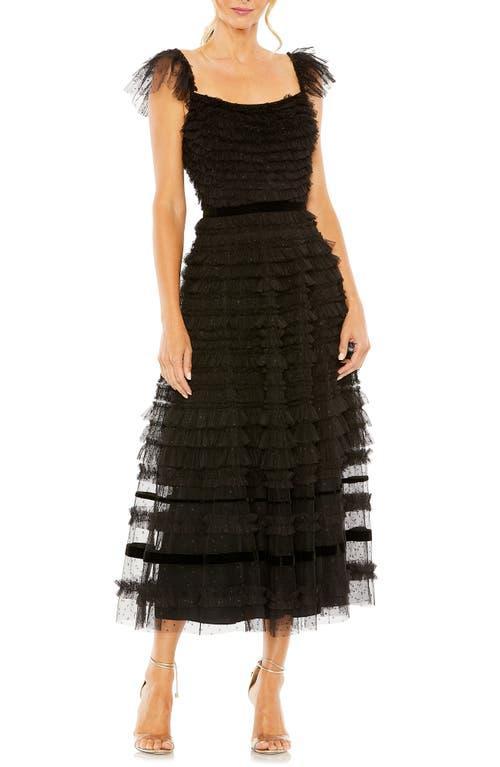 Womens Flutter-Sleeve Tiered Ruffle Gown Product Image