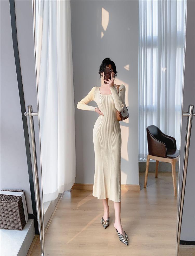 Long-Sleeve Square Neck Plain Ribbed Midi Mermaid Knit Dress Product Image