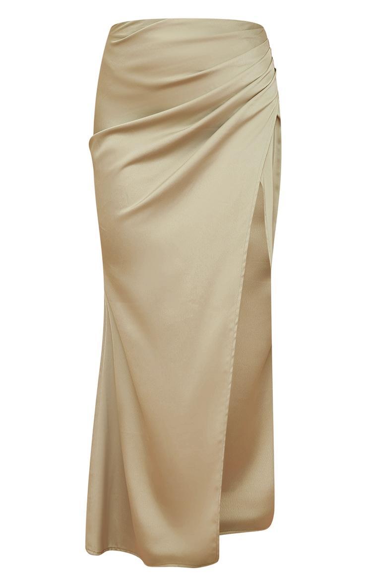 Sage Green Structured Satin V Front Ruched Split Front Maxi Skirt Product Image