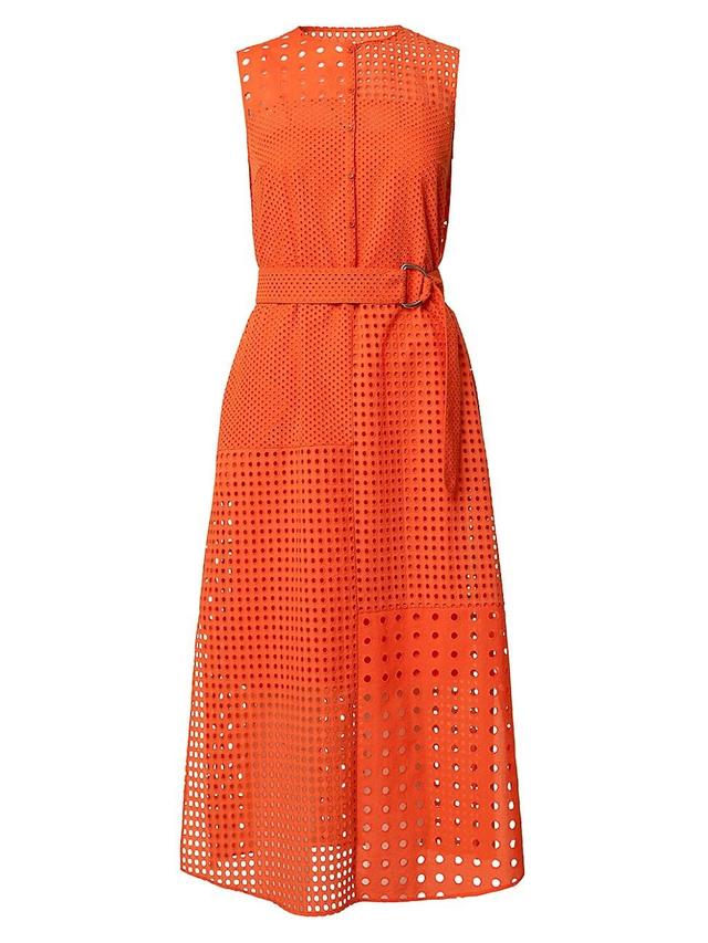 Akris punto Eyelet Embroidered Patchwork Midi Dress with Belt - Size: 14 - ORANGE RED Product Image