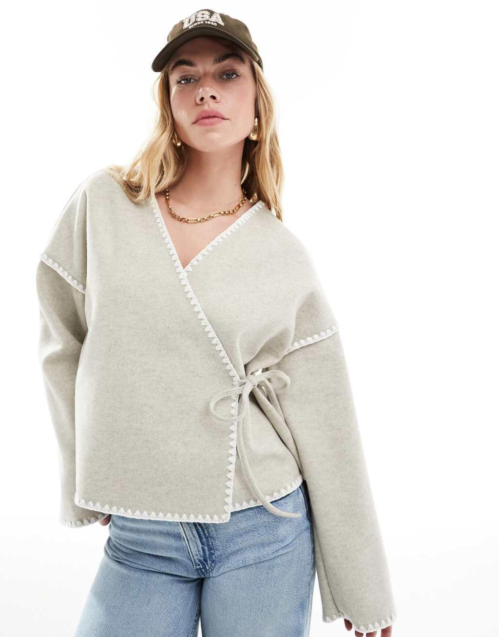 Vila wrap front cardigan with contrast stitch in cream product image