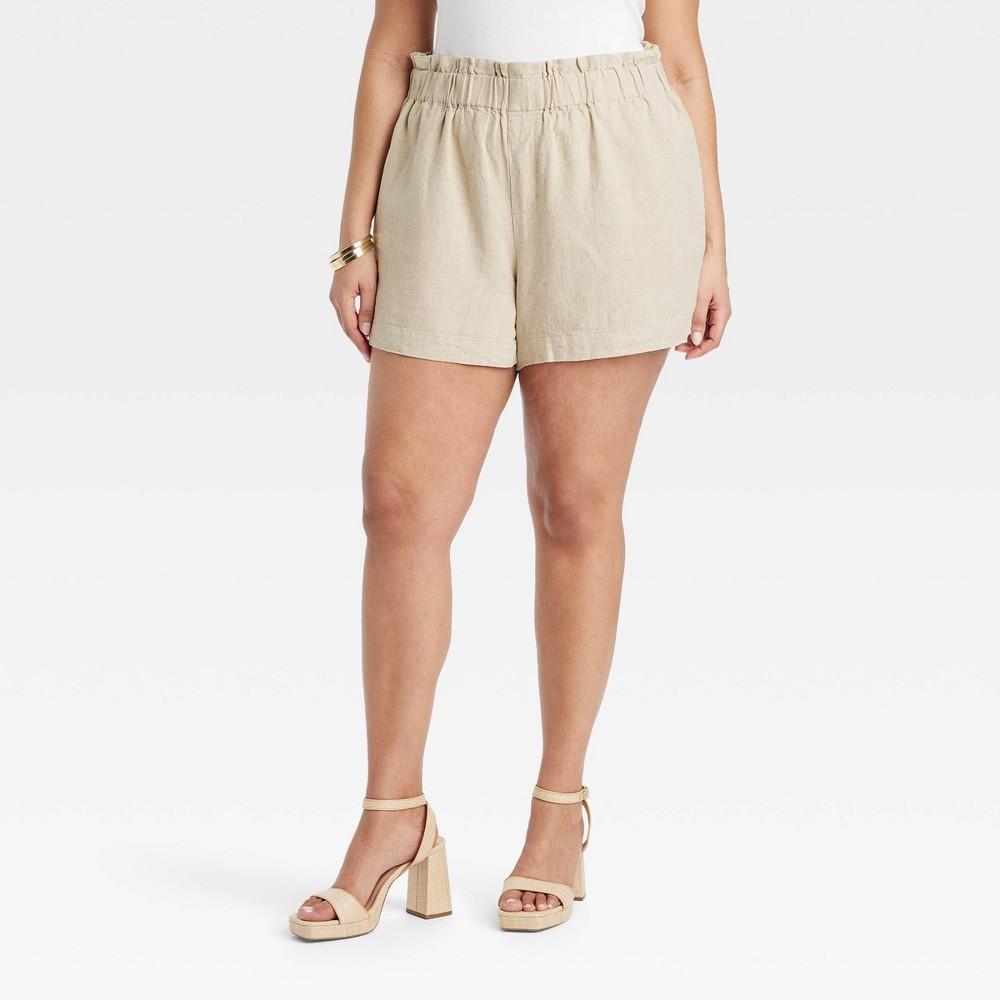 Womens High-Rise Linen Pull-On Shorts - A New Day Tan XXL Product Image