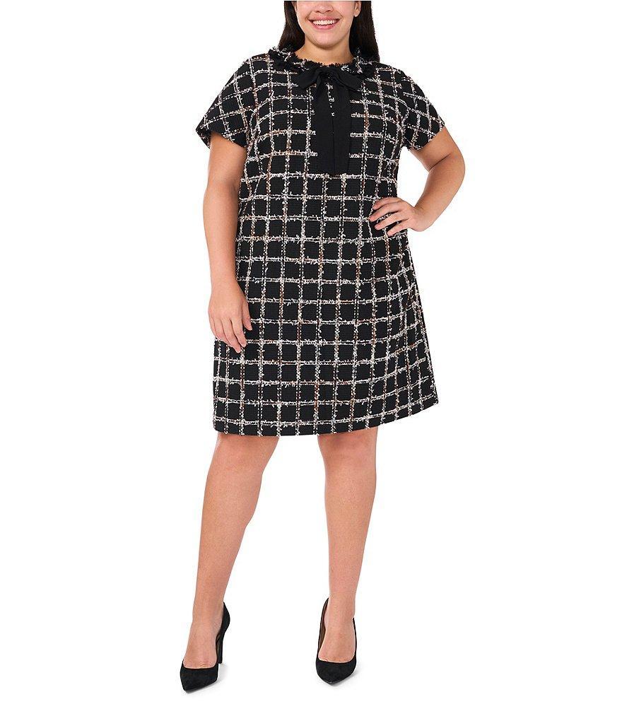 CeCe Plus Size Plaid Gauze Tweed Ruffle Platter Tie Collar Short Sleeve Above the Knee Shift Dress Product Image